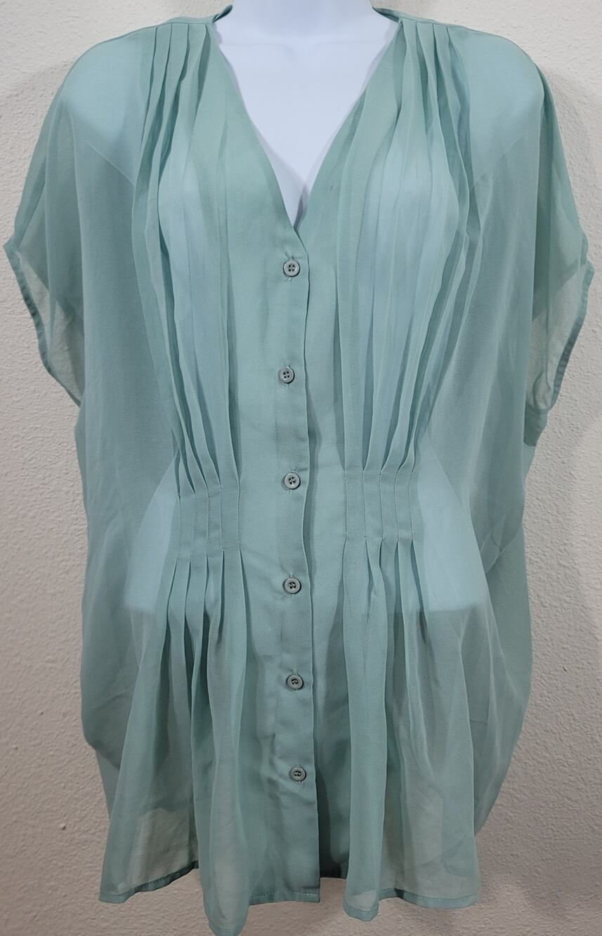 Abito Light Green Sheer Pleated Batwing Button Up Top XL Lightweight Flowy Soft